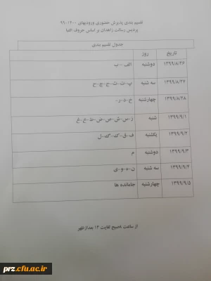تقسیم بندی پذیرش حضوری ورودی های جدید